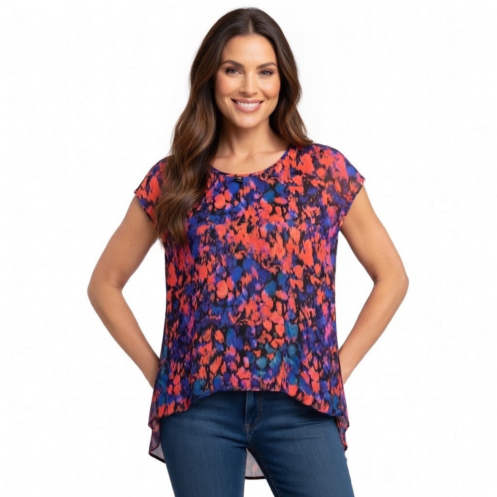 Women’s sheer, abstract-print blouse with a high-low (fishtail) hemline